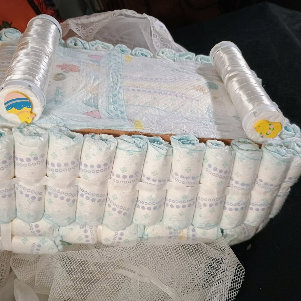 EUC: Handmade Bassinet Diaper Cake Great For Baby Shower Centerpiece - Picture 5 of 9